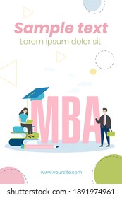 MBA school students. Person using laptop on stack of books near graduation cap, studying business administration and management. Flat vector illustration for academic education, knowledge concept