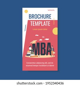 MBA school students. Person using laptop on stack of books near graduation cap, studying business administration and management. Flat vector illustration for academic education, knowledge concept