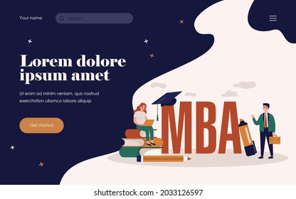 MBA school students. Person using laptop on stack of books near graduation cap, studying business administration and management. Flat vector illustration for academic education, knowledge concept