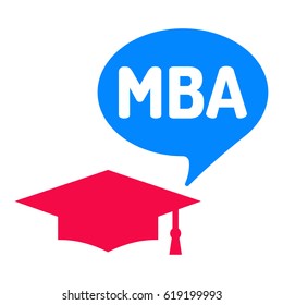 MBA. Speech bubble with graduation hat icon. Flat vector illustration on white background.