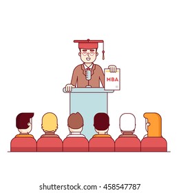 MBA student graduation rostrum speech. Master of business administration graduate showing new diploma to fellow students. Modern flat style thin line vector illustration isolated on white background.