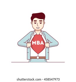 MBA student tearing shirt showing Master of Business Administration letters on his chest. Modern flat style thin line vector illustration. Concept isolated on white background.