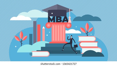 MBA vector illustration. Flat tiny Master of Business Administration person concept. Education management strategy for student knowledge growth. Graduation hat as academical learning and wisdom symbol