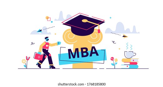 MBA Vector Illustration. Flat Tiny Master Of Business Administration Person Concept. Education Management Strategy For Student Knowledge Growth. Graduation Hat As Academical Learning And Wisdom Symbol