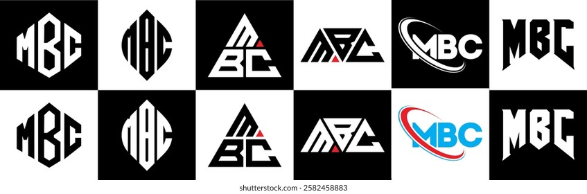 MBC letter logo design in six style. MBC polygon, circle, triangle, hexagon, flat and simple style with black and white color variation letter logo set in one artboard. MBC minimalist and classic logo
