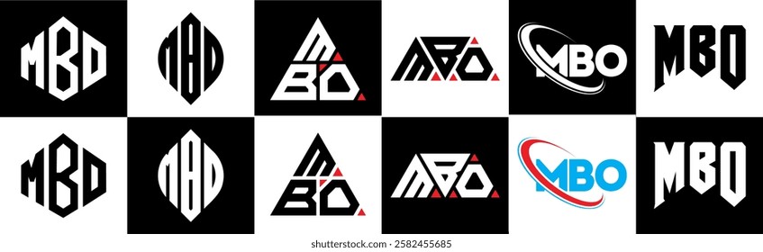 MBO letter logo design in six style. MBO polygon, circle, triangle, hexagon, flat and simple style with black and white color variation letter logo set in one artboard. MBO minimalist and classic logo
