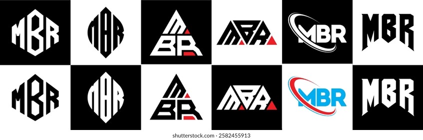 MBR letter logo design in six style. MBR polygon, circle, triangle, hexagon, flat and simple style with black and white color variation letter logo set in one artboard. MBR minimalist and classic logo