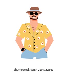 Mbti concept. The businessman character. A man in a hat and a Hawaiian shirt. Flat vector illustration