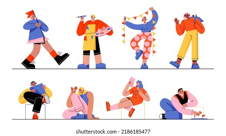 Mbti concept, people with different mindset types. Male and female characters with creative, imaginative, logical, structural, analytical thinking, Mind behavior mental models Line art flat vector set