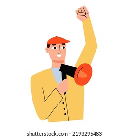 Concepto de Mbti. Carácter guerrero. Un hombre grita en un altavoz. Ilustración vectorial plana