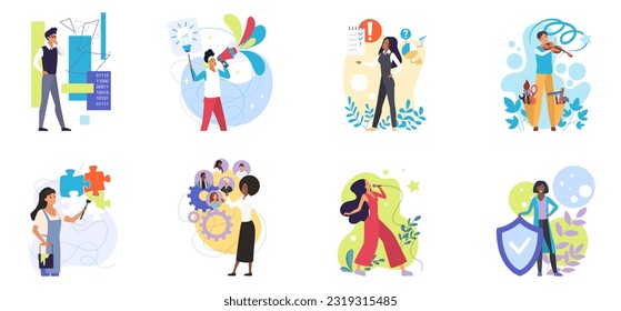 MBTI, los tipos de mentalidad de las personas establecen la ilustración vectorial. Caricatura aislada de personajes femeninos y masculinos dotados de talento y comportamiento mental diferentes, lógica científica y talento creativo, pensamiento de los artistas