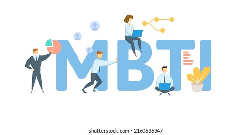 MBTI, Myers-Briggs Type Indicator. Concept with keyword, people and icons. Flat vector illustration. Isolated on white.