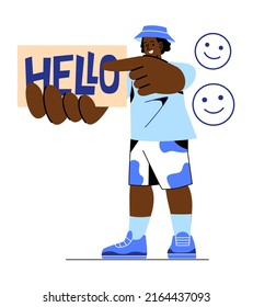 MBTI person concept. Myers Briggs personality typology. Man shows hello sign or symbol. Friendly and welcoming character. Openness and sociability, extrovert. Cartoon flat vector illustration