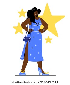 MBTI person concept. Myers Briggs personality typology. Young girl in dress next to stars. Self confident persona, ego and self love. Character in fashionable clothes. Cartoon flat vector illustration