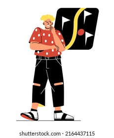 MBTI person concept. Myers Briggs personality typology. Young guy looks at map, lover of speed and racing. Seeker and active lifestyle, sports and creative person. Cartoon flat vector illustration