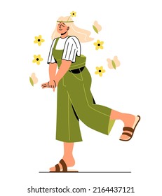 MBTI person concept. Myers Briggs personality typology. Young girl with flowers. Metaphor of love for nature, creative person and beauty and aesthetics lover. Cartoon flat vector illustration