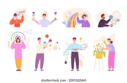 Mbti. Person psychology type, creative people different mindset, solve problem individuality mental process, human behavior mind, cartoon character vector illustration. Mindset mental psychological