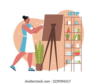 MBTI person type concept. ISTP personality. Young girl artist draws on canvas. Creative thought process and coming up with ideas. Psychology and mental attitudes. Cartoon flat vector illustration