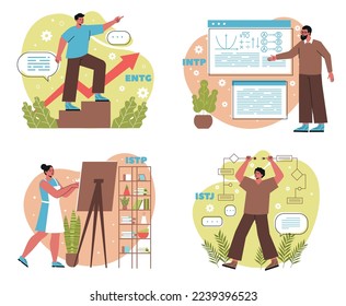 MBTI person types set. Men and women with different behaviors, thoughts and mental attitudes. Creativity, leadership, logic and analytics. Cartoon flat vector collection isolated on white background