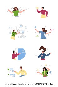 MBTI personality types collection, flat cartoon vector illustration isolated on white background. Set of people with different types of thinking and behavior.