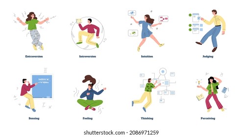 MBTI personality types sheme with cartoon characters. Psychological mindset classification and MBTI test concept, flat vector illustration isolated on white background.