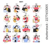 MBTI, socionics types set. Characters with different types of personality and mindset. HR psychological test for hiring and team building. Personal and professional growth. Flat vector illustration
