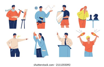 MBTI types. Cartoon person with different personality thinking and behavior. Extrovert or introvert. Sensor and intuitive. Thinker or feeler. Judger and perceiver. Vector mental models set