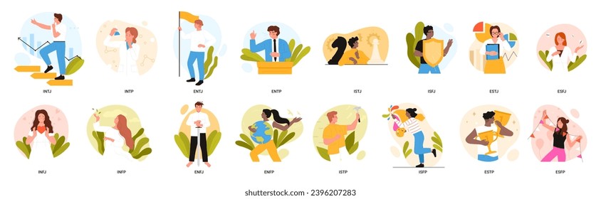 MBTI typology of people set vector illustration. Cartoon isolated characters with different types of behavior and thoughts, ideas to solve problems and focus of thinking, personality mental structure