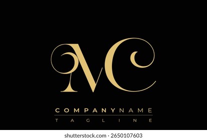 Logotipo creativo Abstractas de la joyería del MC. Logotipo elegante con iniciales de monograma doradas en una tipografía elegante y moderna, perfecta para la marca