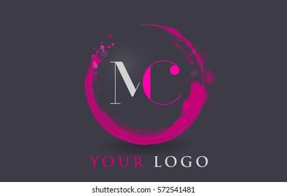 MC Circular Letter Brush Logo. Pink Brush with Splash Concept Design.
