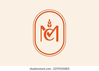 MC CM letter, Initial, monogram logo design, symbol with wheat icon and elegant oval frame, perfect for bakeries or organic brands, appealing to premium audiences seeking natural products.