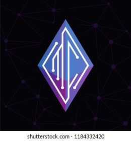 MC Initial letter block chain logo icon vector template. Looping mono line circuit letter on rhombus cube logo