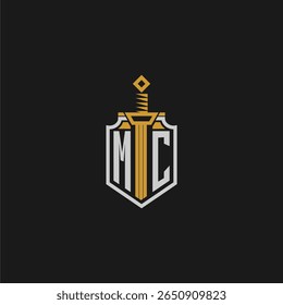 Monograma inicial MC para imagem de escudo e espada