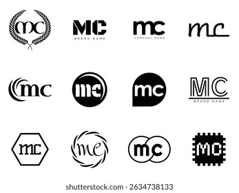 Modelo da empresa de logotipo da EMC. Letra m e logótipo c. Defina diferentes letras serifas clássicas e texto em negrito moderno com elementos de design. Tipografia inicial da fonte. Coleção de identidade de negócios na moda.