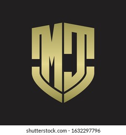 MC Logo monogram with emblem shield shape design isolated gold colors on black background