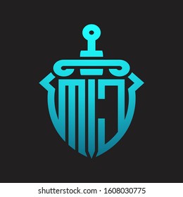 MC Logo monogram with sword and shield combination isolated blue colors gradient