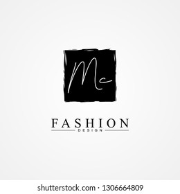 MC M C black letter logo icon with organic square and text in the middle. Creative monogram logo design. Fashion icon design template.