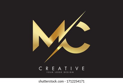 MC M C Golden Letter Logo Design with a Creative Cut. Creative logo design with Black Background.