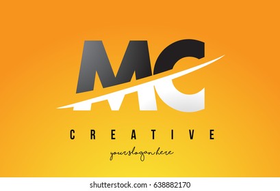 MC M C Letter Modern Logo Design with Swoosh Cutting the Middle Letters and Yellow Background.