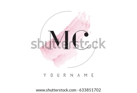 MC M C Watercolor Letter Logo Design with Circular Shape and Pastel Pink Brush.