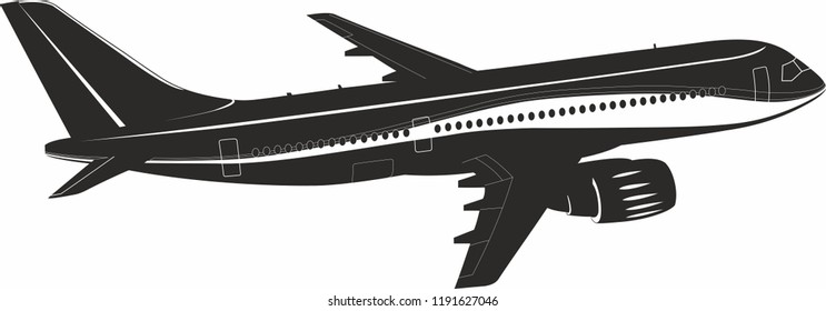 MC-21 aircraft vector. Flying aircraft vector. Black and white. Big Commercial airplanes. Vector illustration.