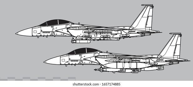 McDonnell Douglas F-15E Strike Eagle. Vector drawing of modern combat aircraft. Side view. Image for illustration.
