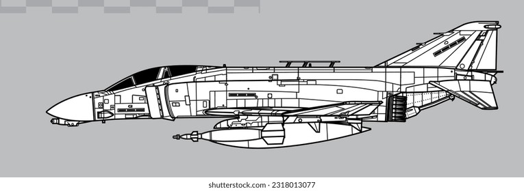 McDonnell Douglas F-4D Phantom II with GBU-10 Paveway I laser guided bomb. Vector drawing of multirole tactical figter. Side view. Image for illustration and infographics.