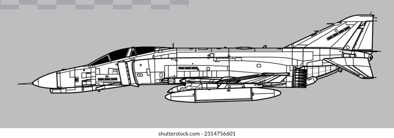 McDonnell Douglas F-4E Phantom II. Vector drawing of multirole tactical figter. Side view. Image for illustration and infographics.
