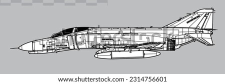McDonnell Douglas F-4E Phantom II. Vector drawing of multirole tactical figter. Side view. Image for illustration and infographics.