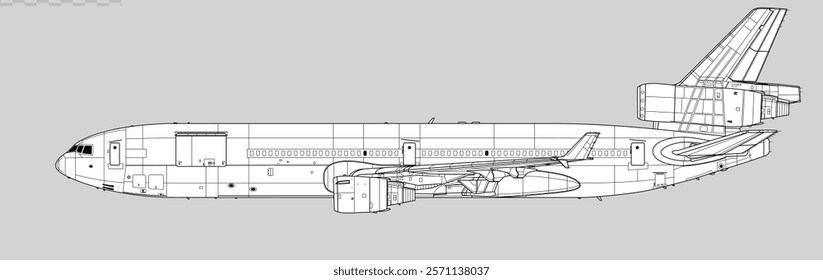 McDonnell Douglas MD-11F Freighter. Vector drawing of cargo aircraft. Side view. Image for illustration and infographics.