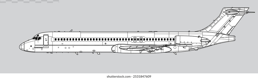 Desenho vetorial do avião comercial de corpo estreito de gama média. Vista lateral. Imagem para ilustração e infográficos.