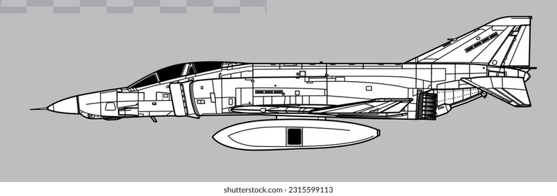 McDonnell Douglas RF-4C Phantom II with LOROP pod. Vector drawing of tactical reconnaissance aircraft. Side view. Image for illustration and infographics.