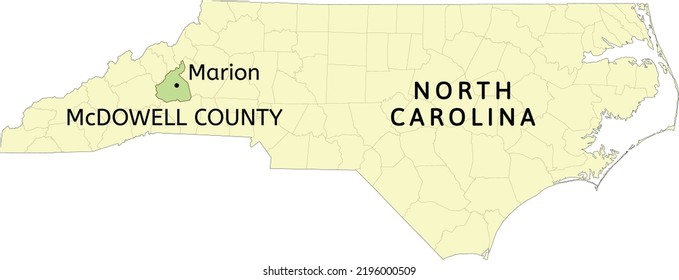 Ubicación del condado McDowell y la ciudad de Marion en el mapa estatal de Carolina del Norte
