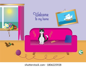 Mchievous Cat left alone at home. Vector illustration.